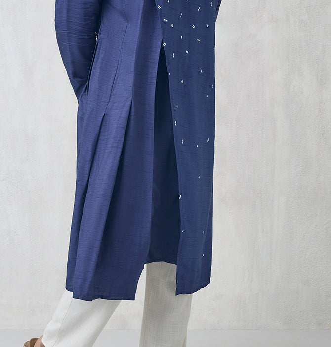 Asymmetric Embroidered Kurta – Navy