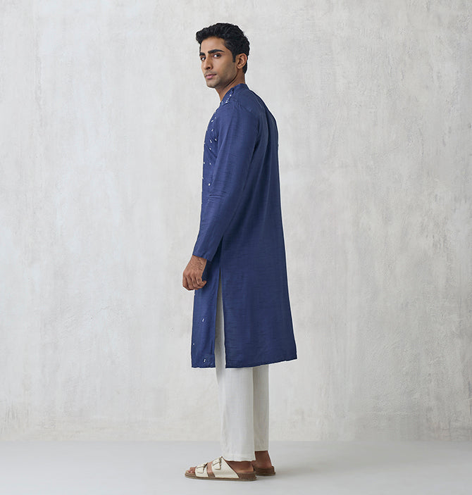 Asymmetric Embroidered Kurta – Navy