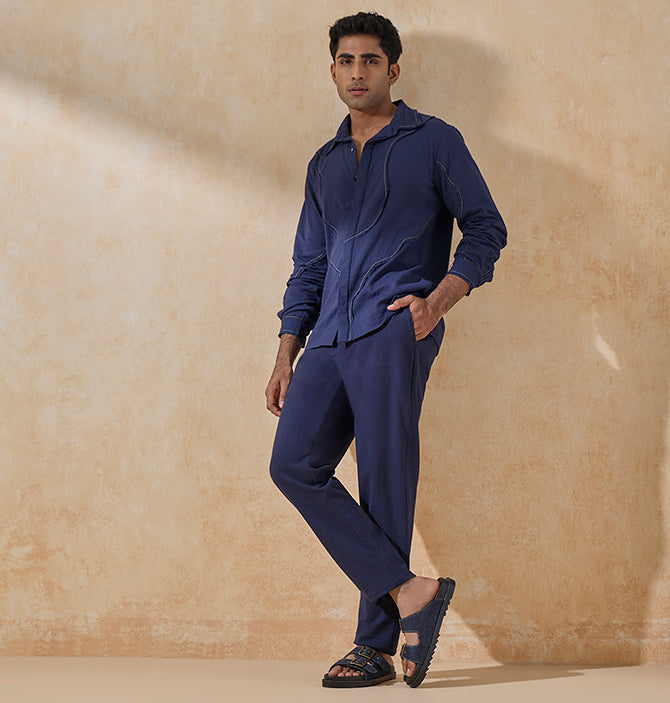Abstract Embroidered Shirt – Dark Blue