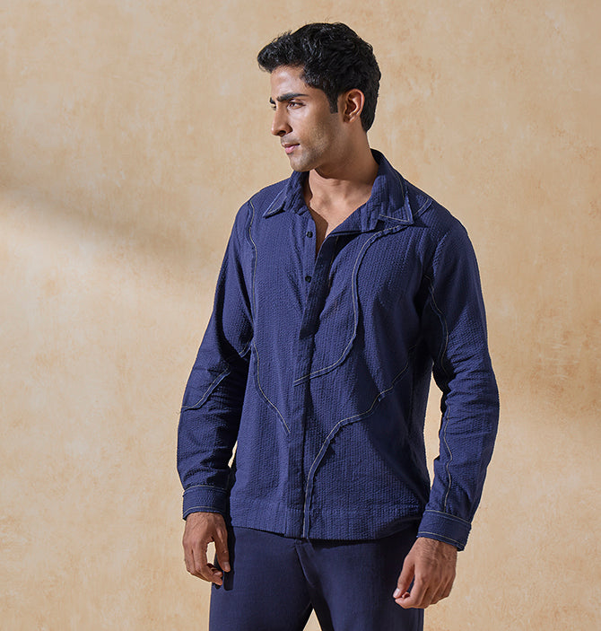 Abstract Embroidered Shirt – Dark Blue
