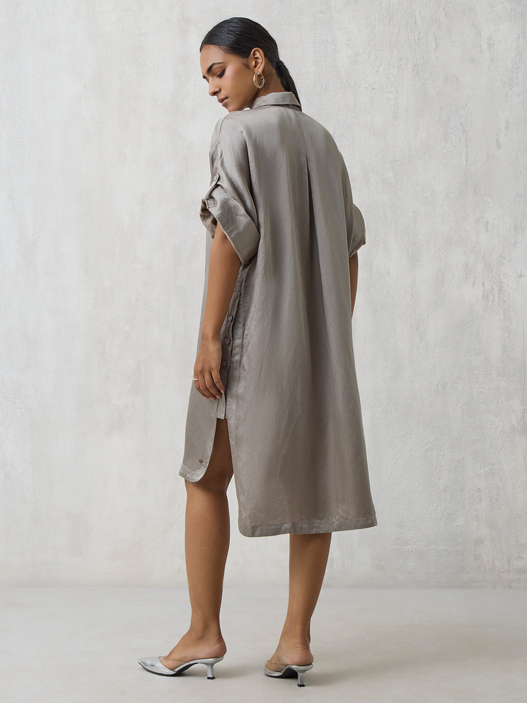 Solid Shirt Dress - Grey