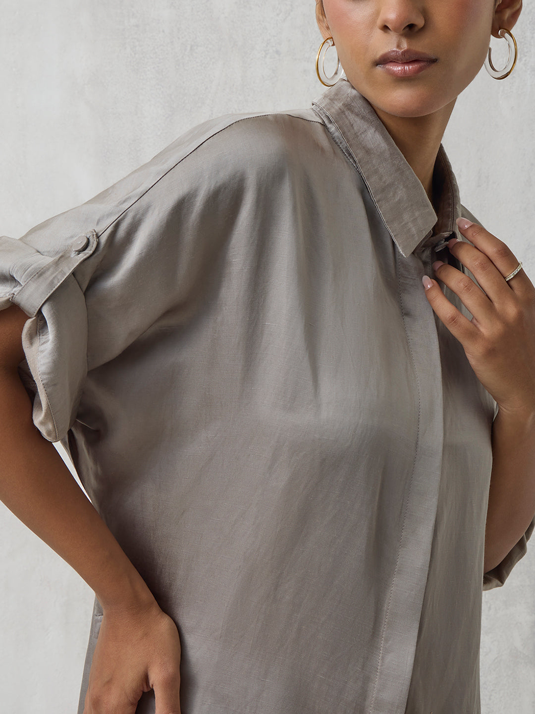 Solid Shirt Dress - Grey