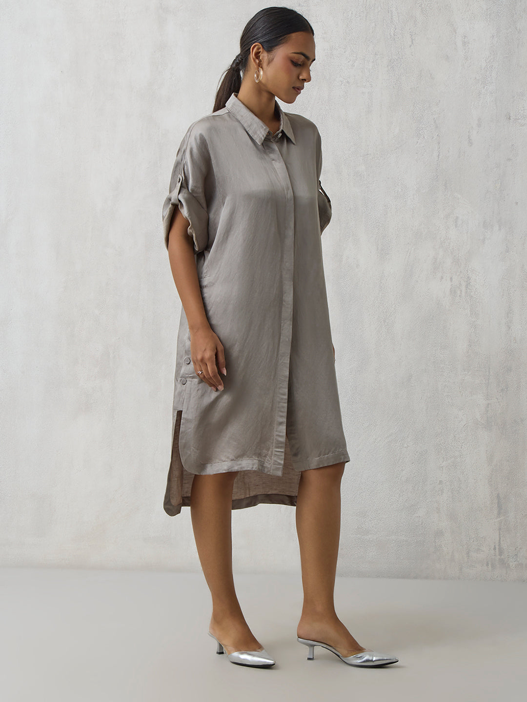 Solid Shirt Dress - Grey
