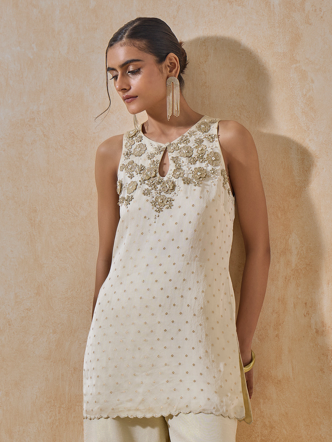 Floral Embroidered Kurti - Ivory