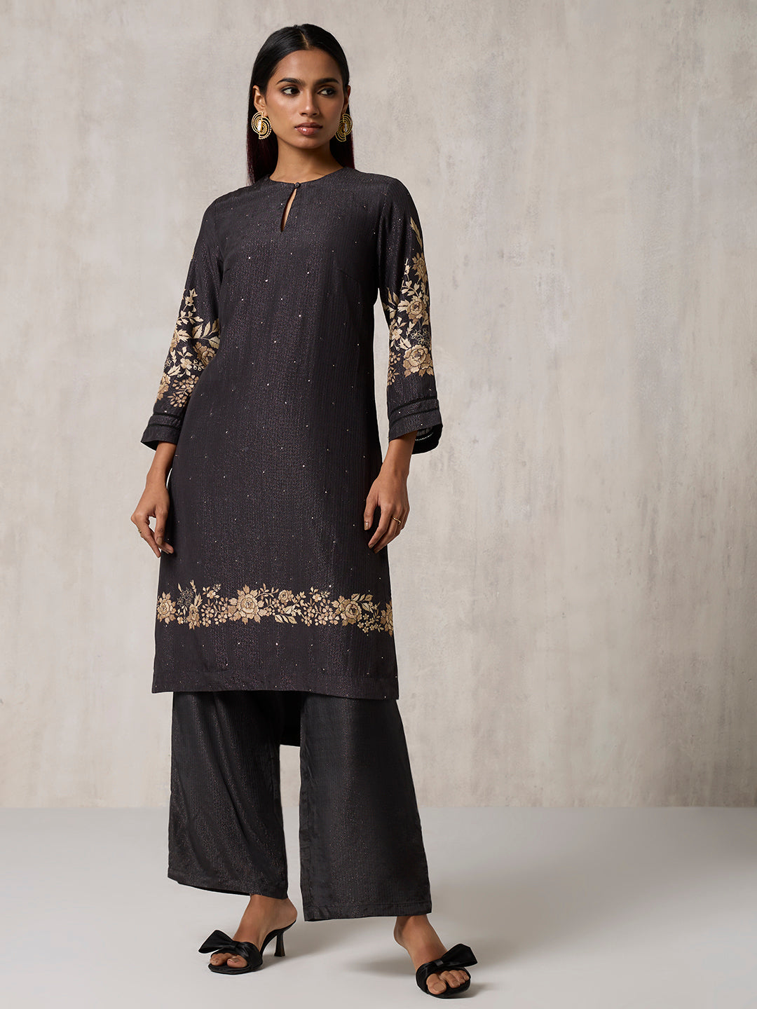 Floral Design Kurta Set - Black