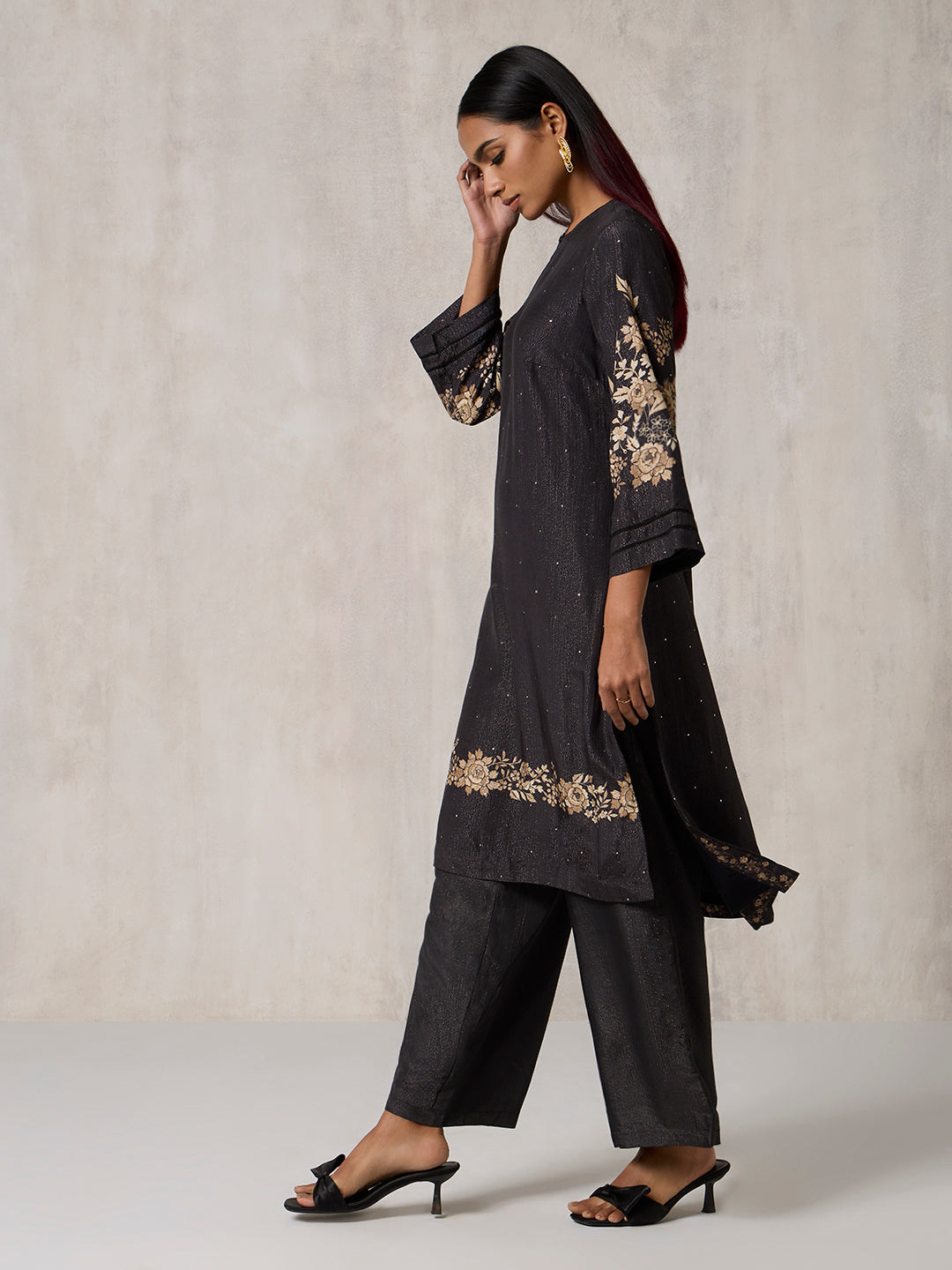 Floral Design Kurta Set - Black