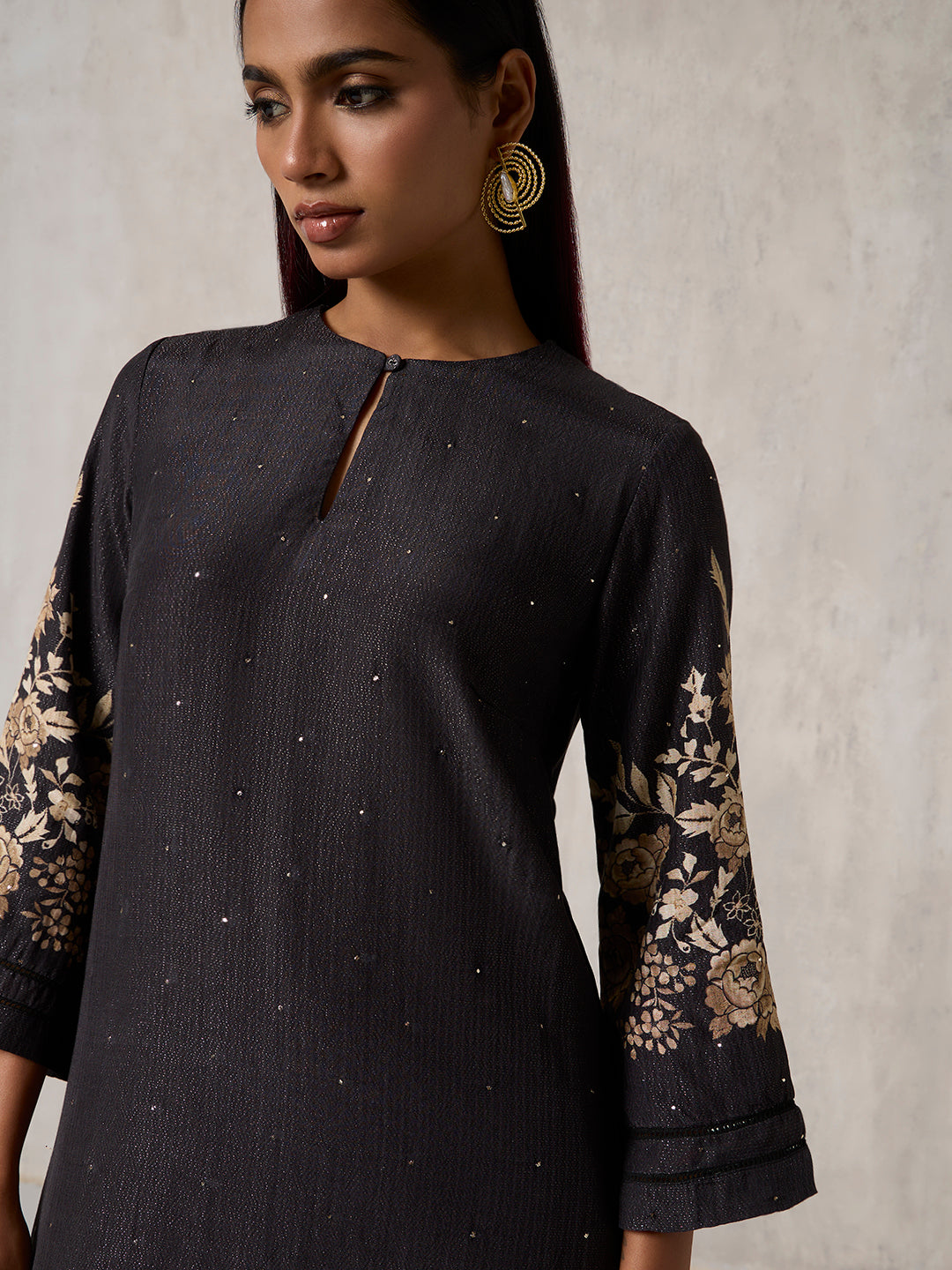 Floral Design Kurta Set - Black