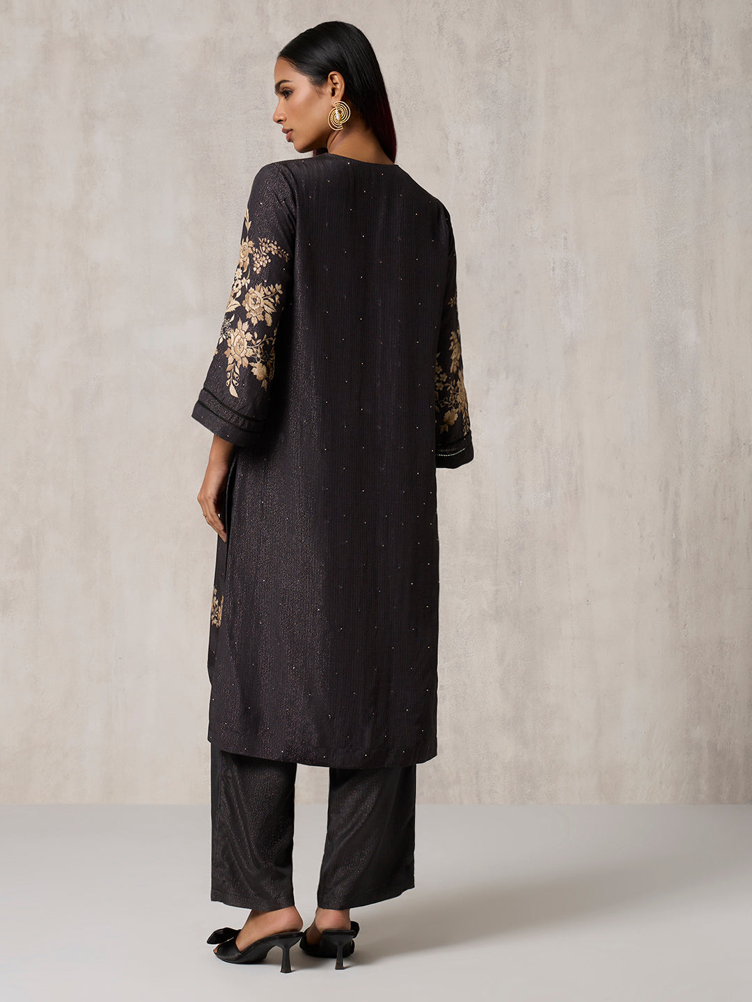 Floral Design Kurta Set - Black