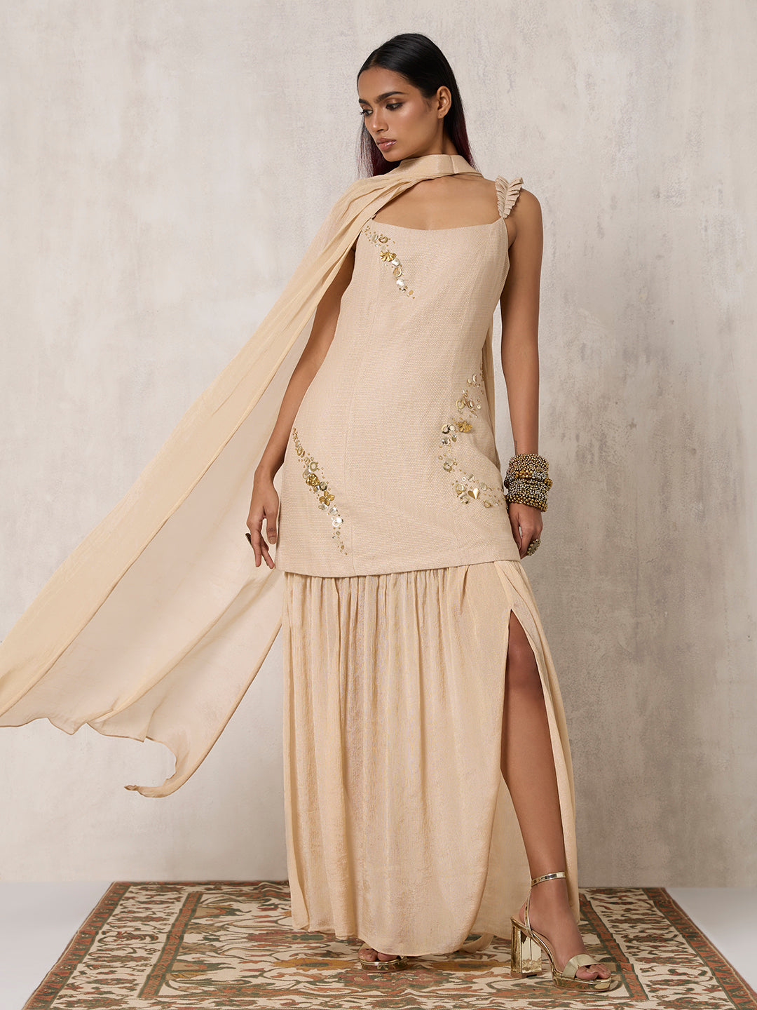 Sheer Dress with Dupatta - Gold