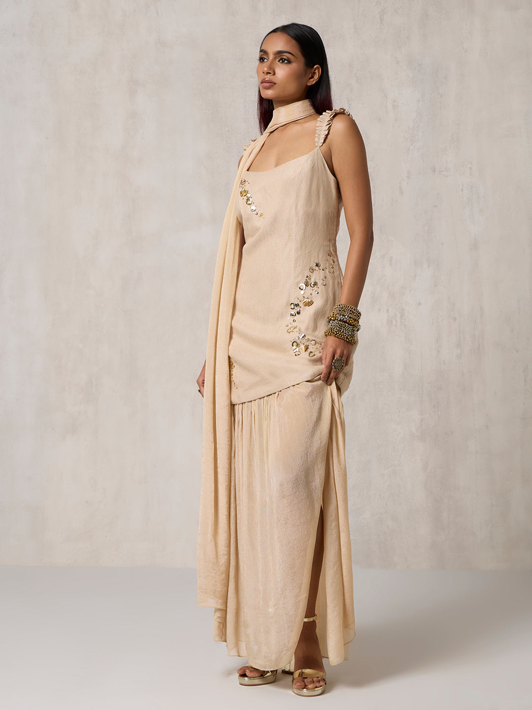 Sheer Dress with Dupatta - Gold