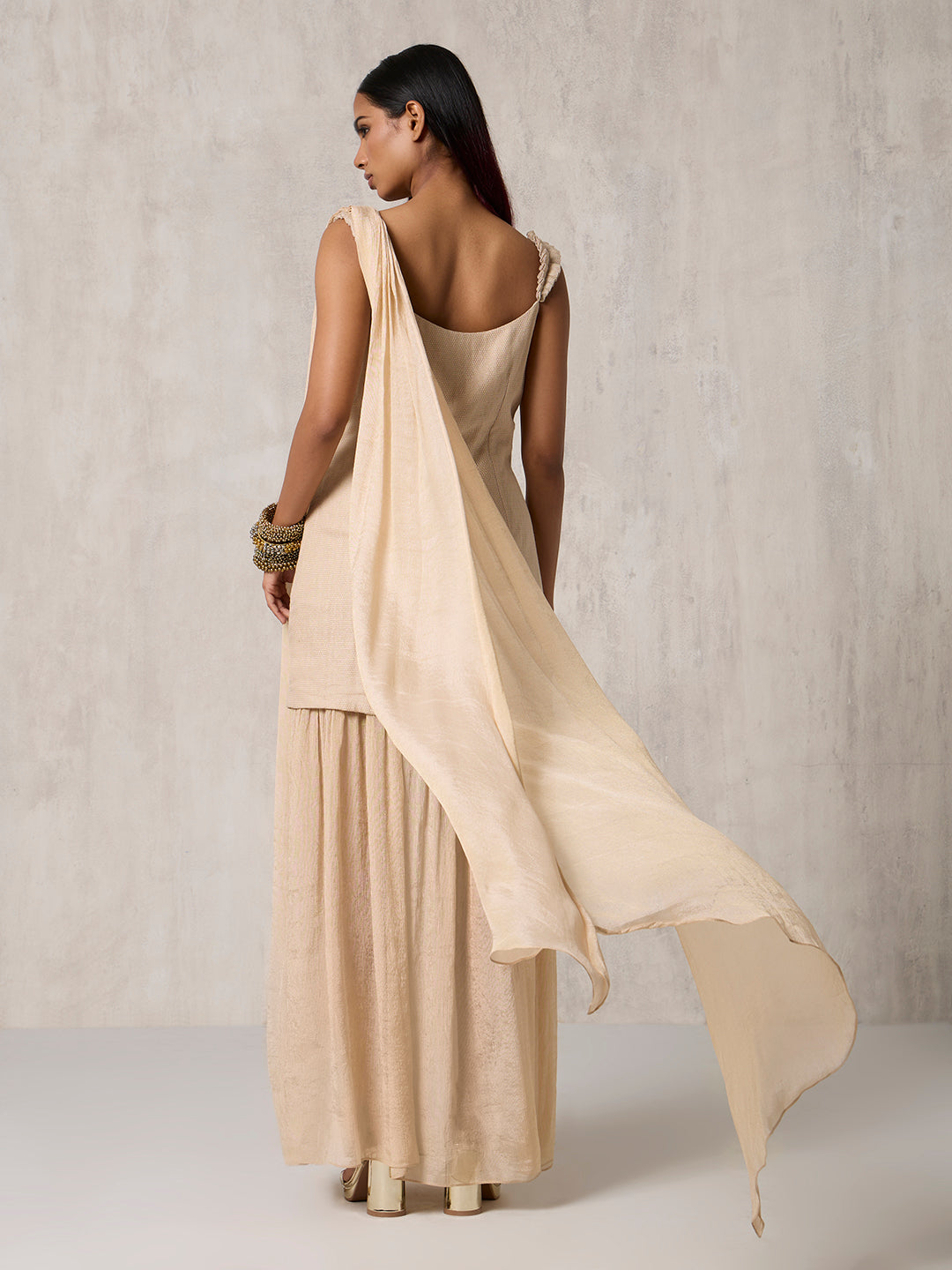 Sheer Dress with Dupatta - Gold