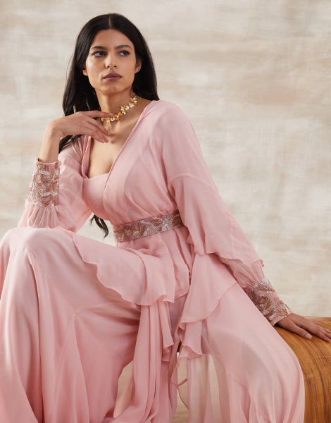 Pink Draped Saree and Blouse Set with Belt