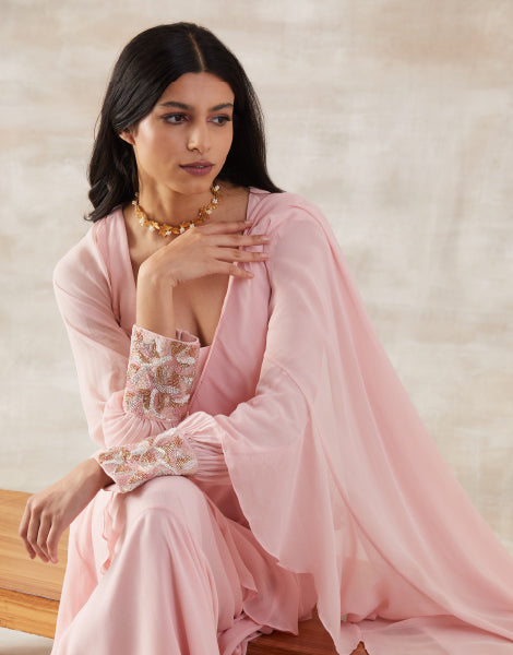 Pink Draped Saree and Blouse Set with Belt