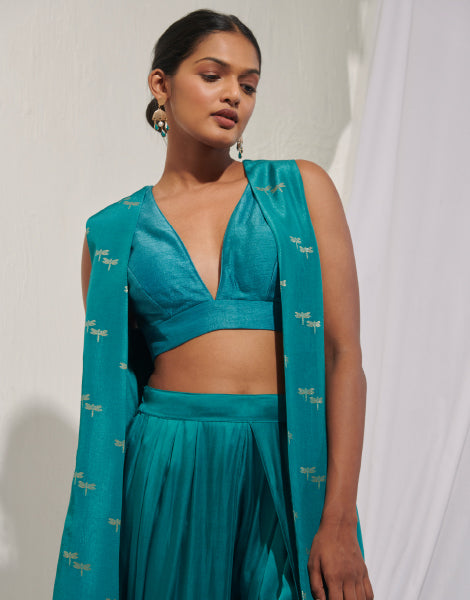 Blouse and Dhoti-Style Pants with Jacquard Jacket