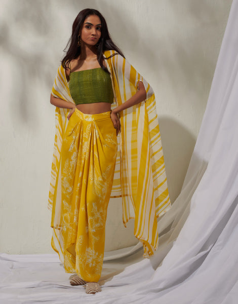 Sequinned Blouse and Draped Skirt with Cape