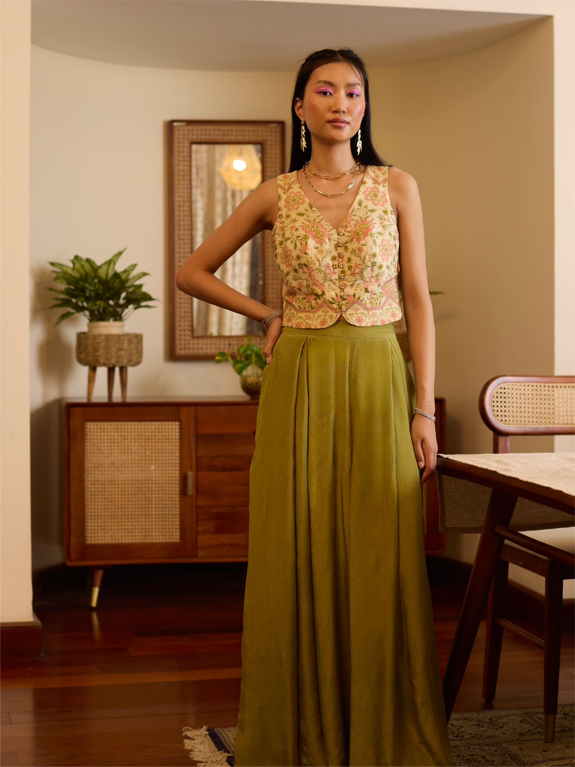 Floral Waistcoat Top - Green