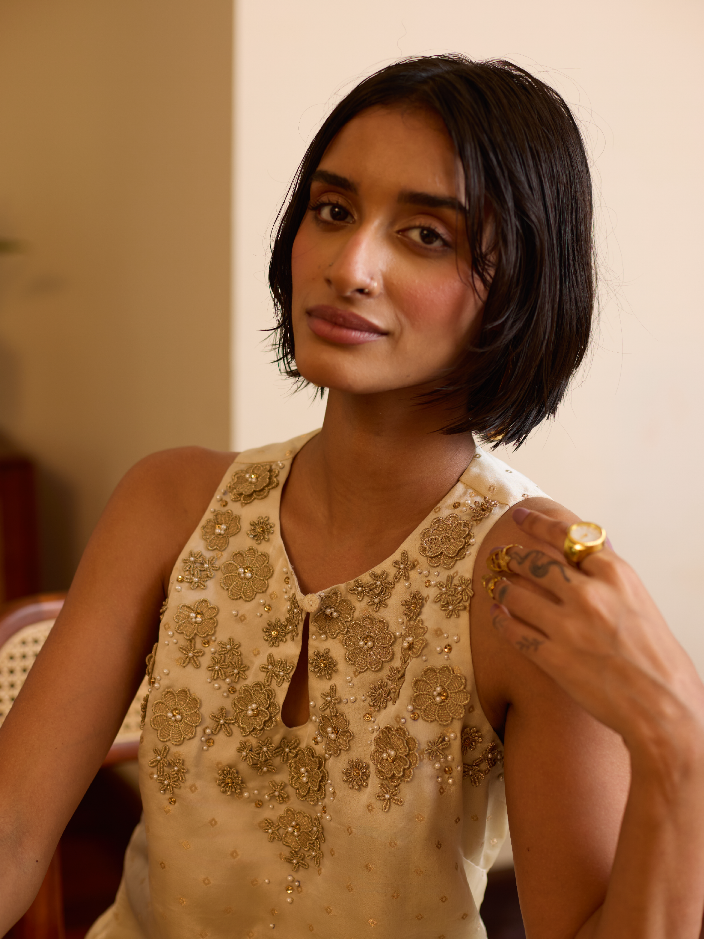 Floral Embroidered Kurti - Ivory