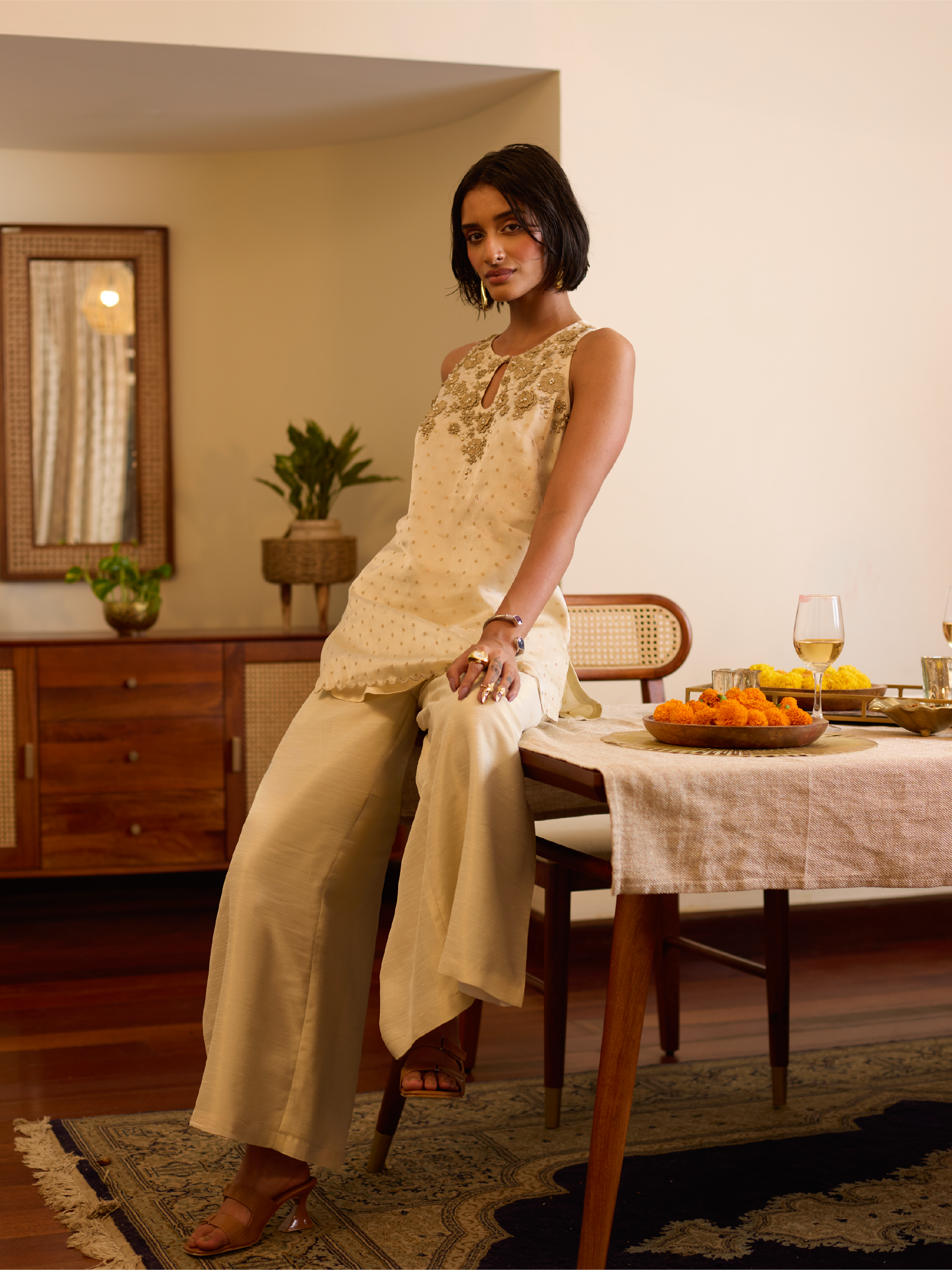 Floral Embroidered Kurti - Ivory