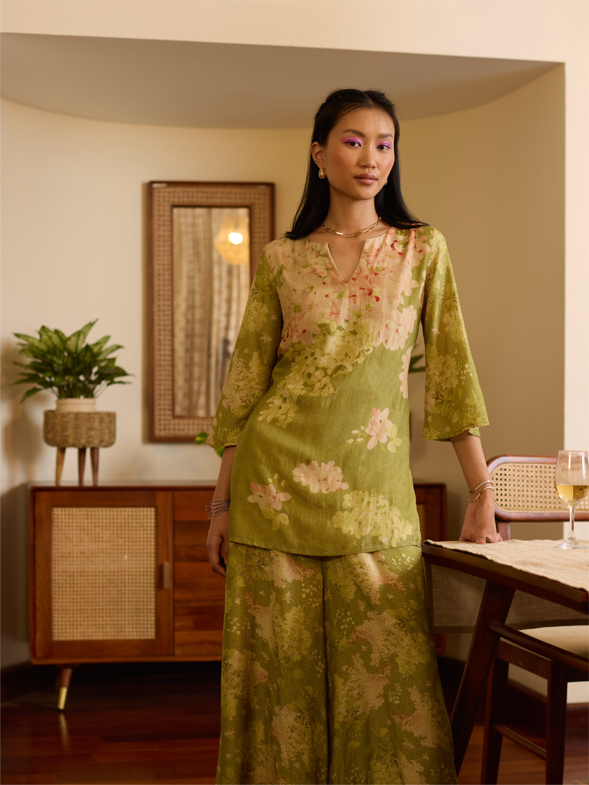 Floral Printed Kurta Set - Green