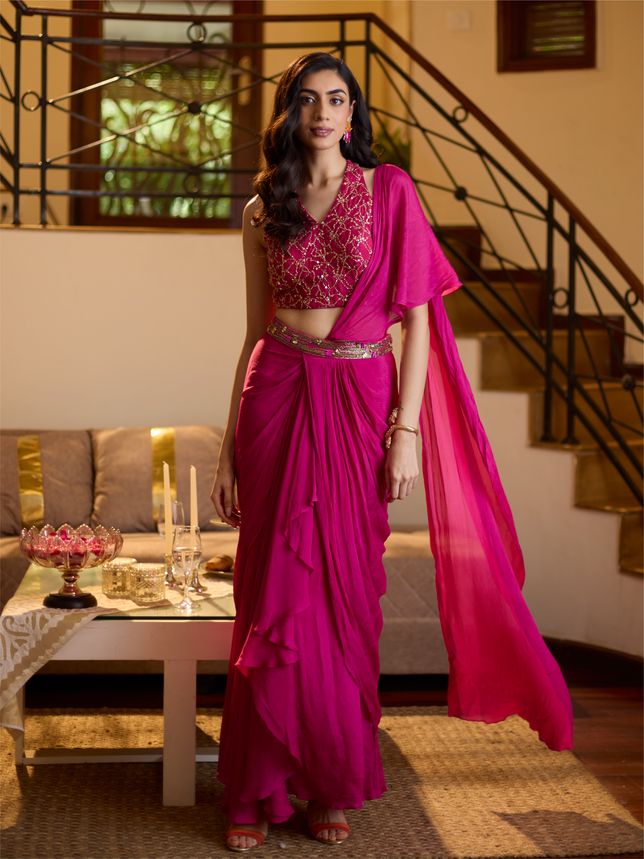 Pre-Draped Saree - Pink
