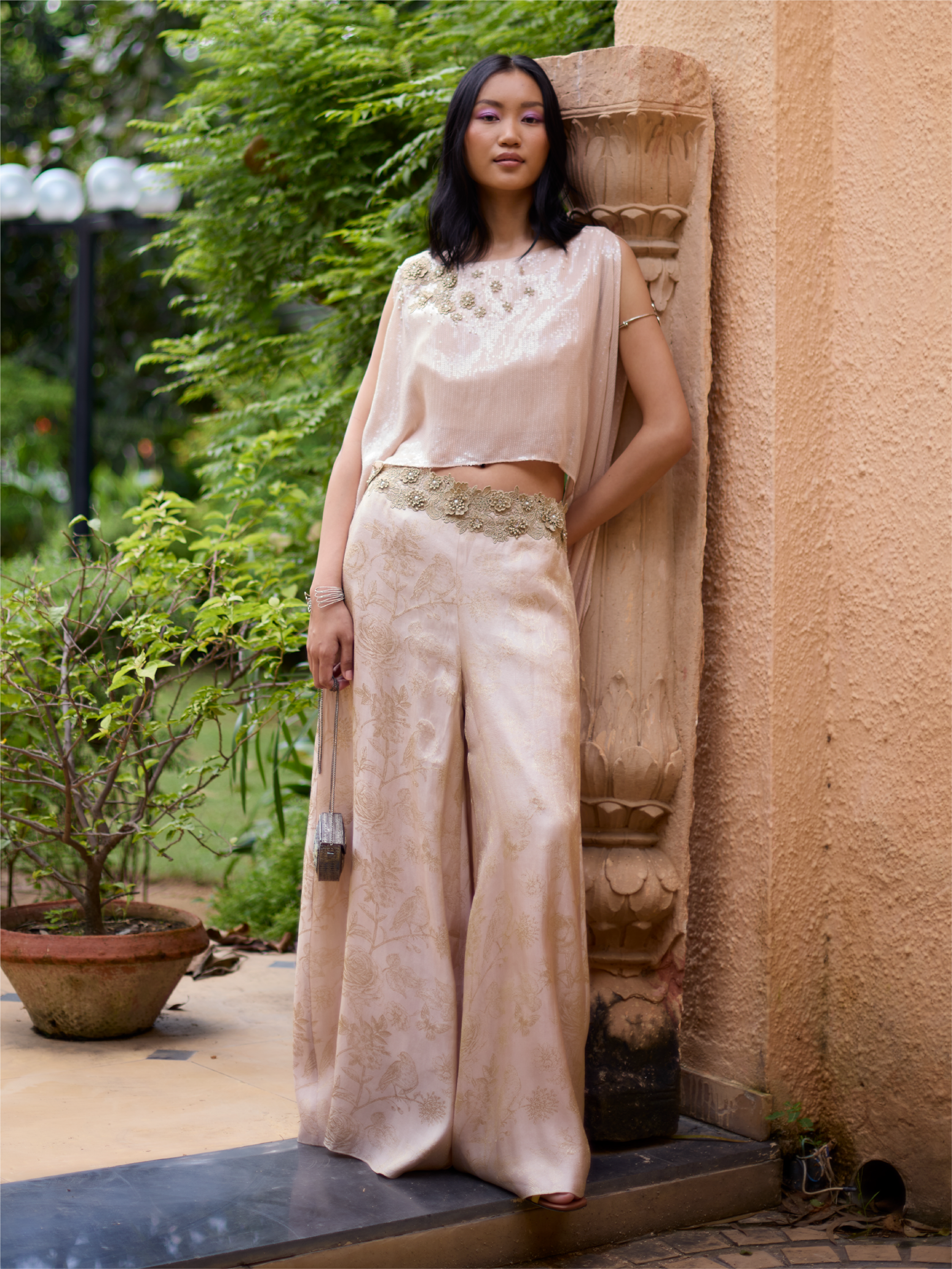 Embroidered Top And Jaquard Co-ord Set - Gold