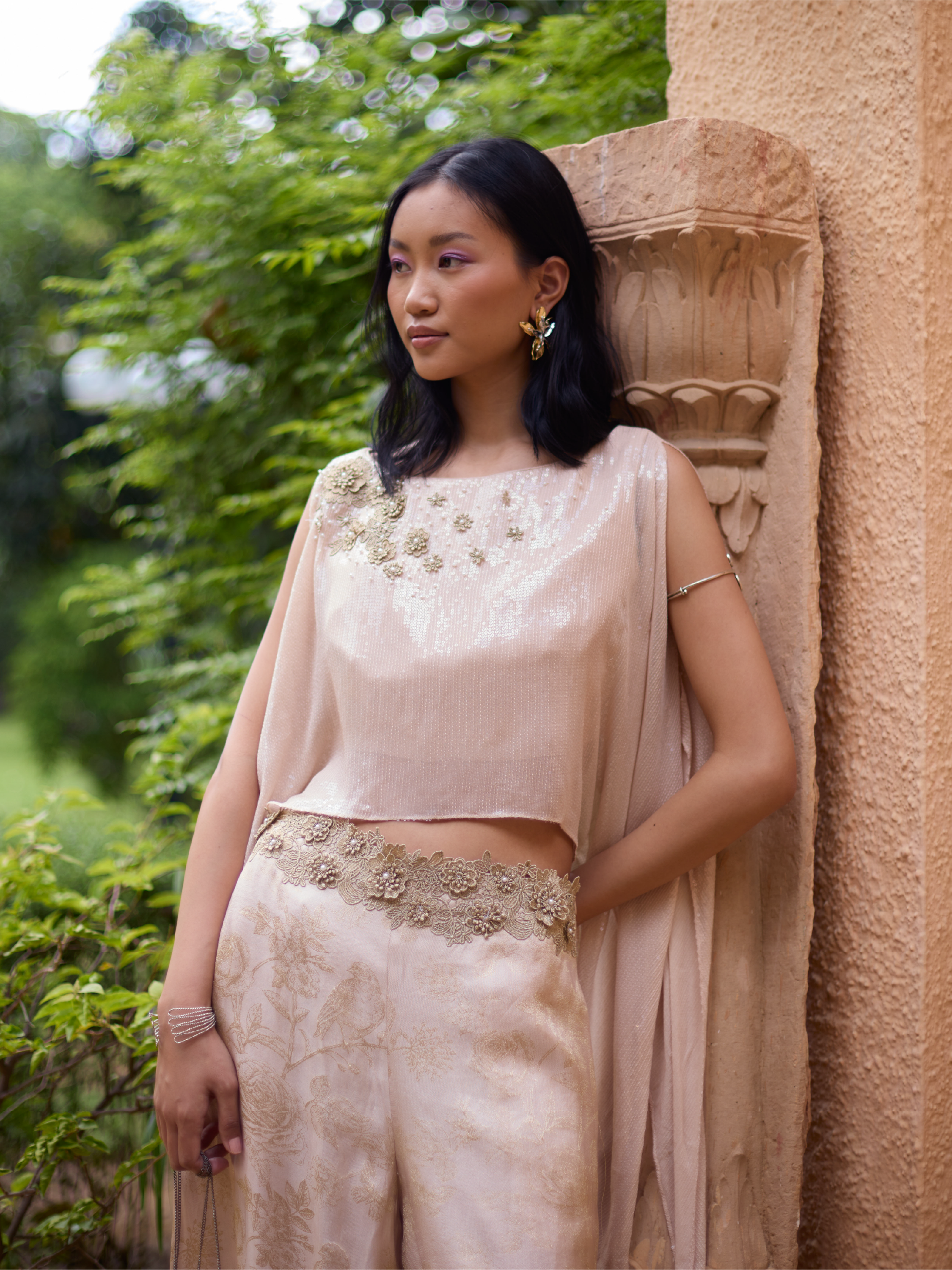 Embroidered Top And Jaquard Co-ord Set - Gold